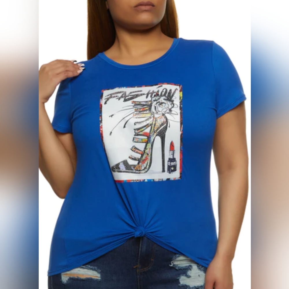 MIROH Plus Size Fashion Rhinestone Patch Tee - Royal Blue Size 1X